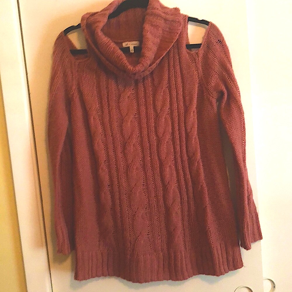 Cable Knit Cowl Sweater w/ Open Shldrs